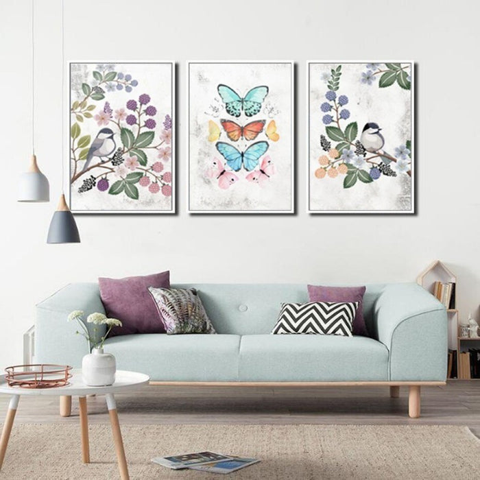Nordic Vintage Flower Bird Butterfly - Canvas Wall Art Painting