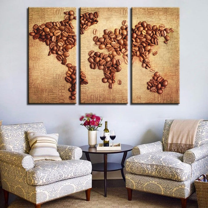 Beautiful Abstract Coffee Beans World Map - Canvas Wall Art Painting 3 Pieces
