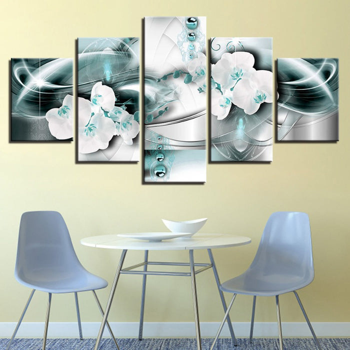 5 Piece Sea Blue Background & Hue White Flower - Canvas Wall Art Painting