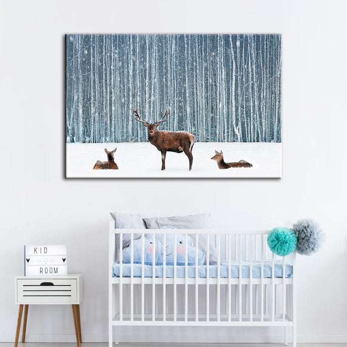 Two Does And A Deer In Winter - Canvas Wall Art Painting