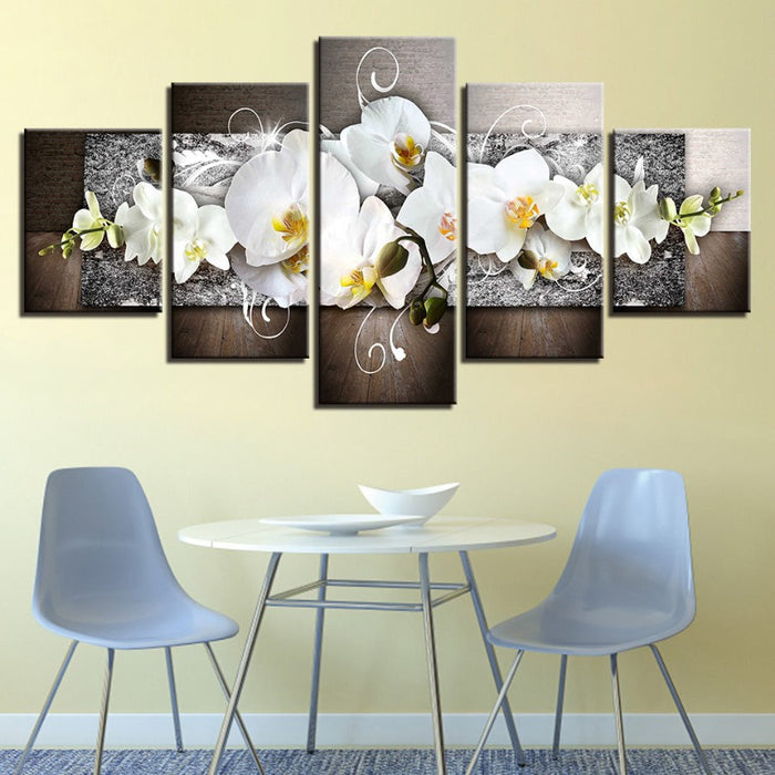 5 Piece Silver Background White Flower - Canvas Wall Art Painting