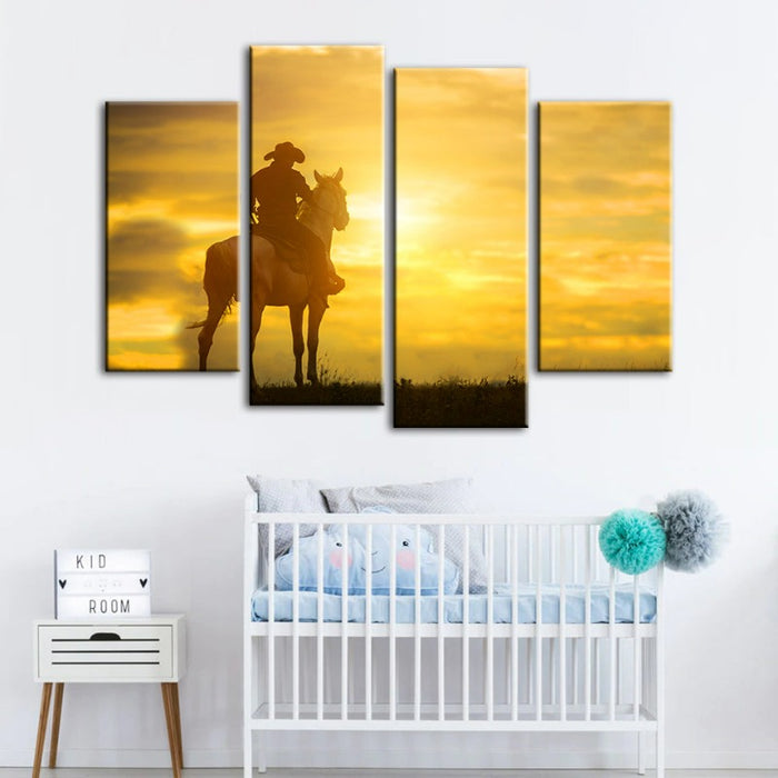 A Cowboy And His Steed-Canvas Wall Art Painting 4 Pieces