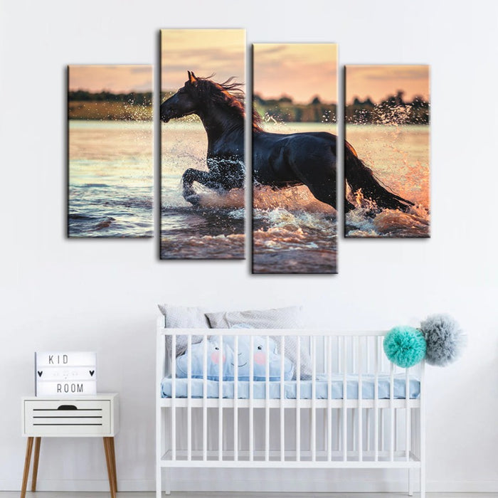 4 Piece Running Horse in Water - Canvas Wall Art Painting