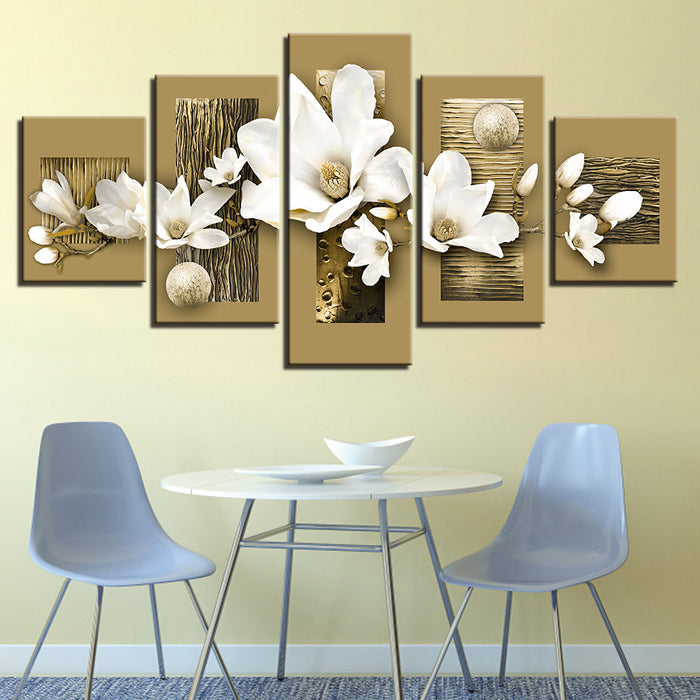 Golden Accents And White Magnolias 5 Piece - Canvas Wall Art Painting