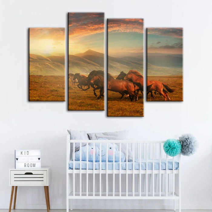 4 Piece Running Horses With Beautiful Landscape - Canvas Wall Art Painting