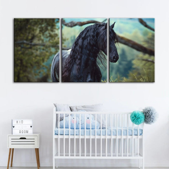 Black Horse in Forest-Canvas Wall Art Painting 3 Pieces
