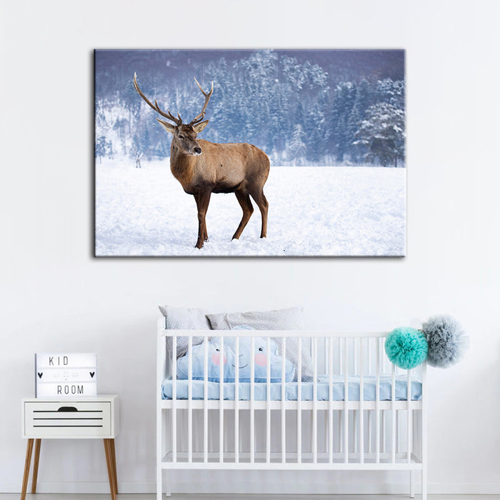 Snowy Landscape Deer - Canvas Wall Art Painting