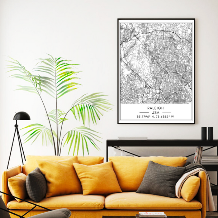 Raleigh City Map - Canvas Wall Art Painting