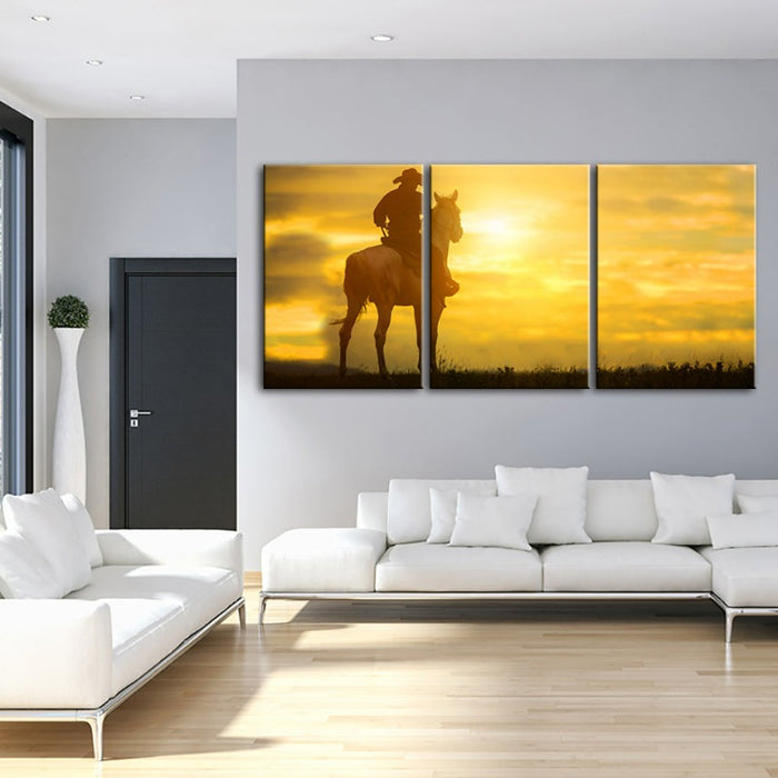 Cowboy And His Steed - Canvas Wall Art Painting 3 Pieces