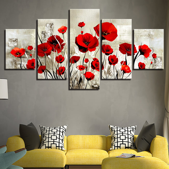 Silver Red Poppy Field 5 Piece - Canvas Wall Art Painting