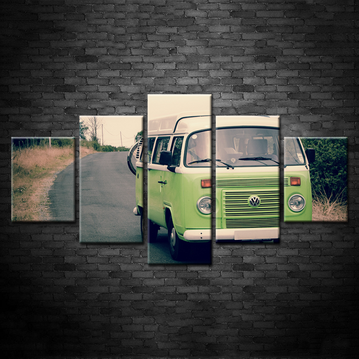 5 Piece Light Green Vintage Bus Car - Canvas Wall Art Painting