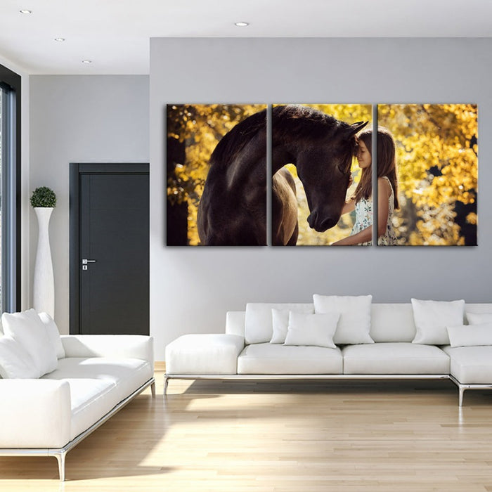 Friendship Between a Girl and Horse-Canvas Wall Art Painting 3 Pieces