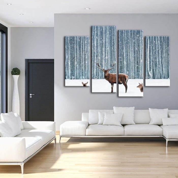 4 Piece Two Does and a Deer in Winter - Canvas Wall Art Painting