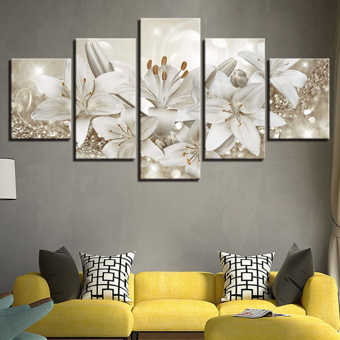 5 Piece Golden & White Background Flower - Canvas Wall Art Painting