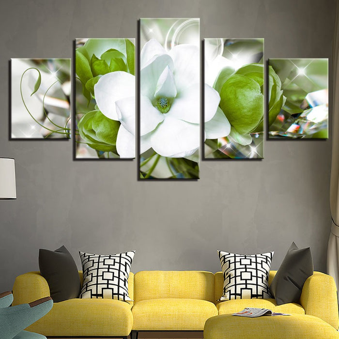 5 Piece Green Background White Flower - Canvas Wall Art Painting