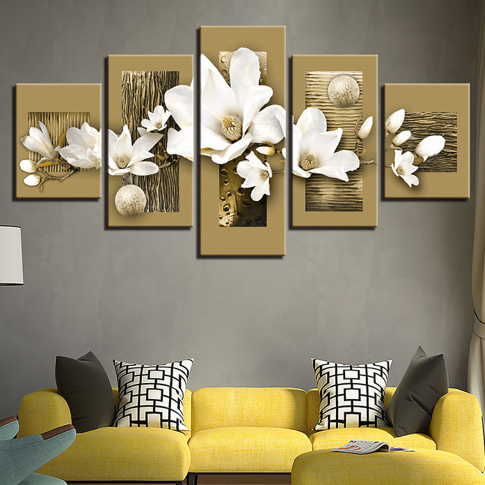 Golden Accents And White Magnolias 5 Piece - Canvas Wall Art Painting