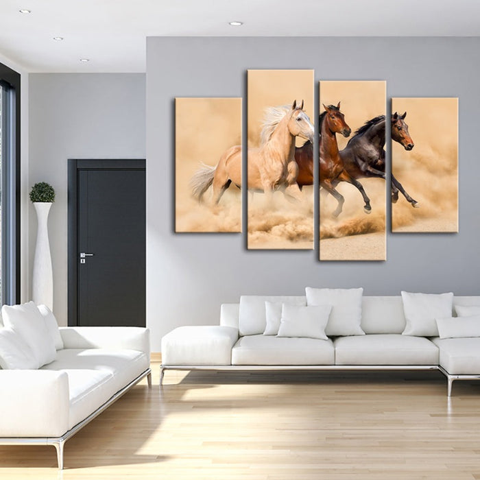 4 Piece Three Running Horses in Desert - Canvas Wall Art Painting