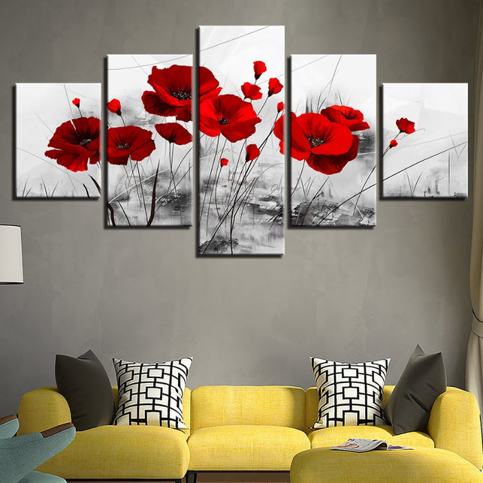 5 Piece White Background Red Flower - Canvas Wall Art Painting