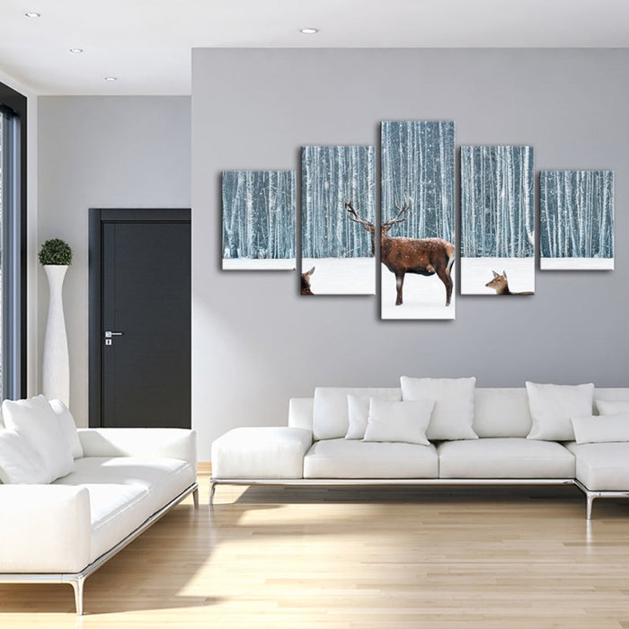 5 Piece Two Does and a Deer in Winter - Canvas Wall Art Painting