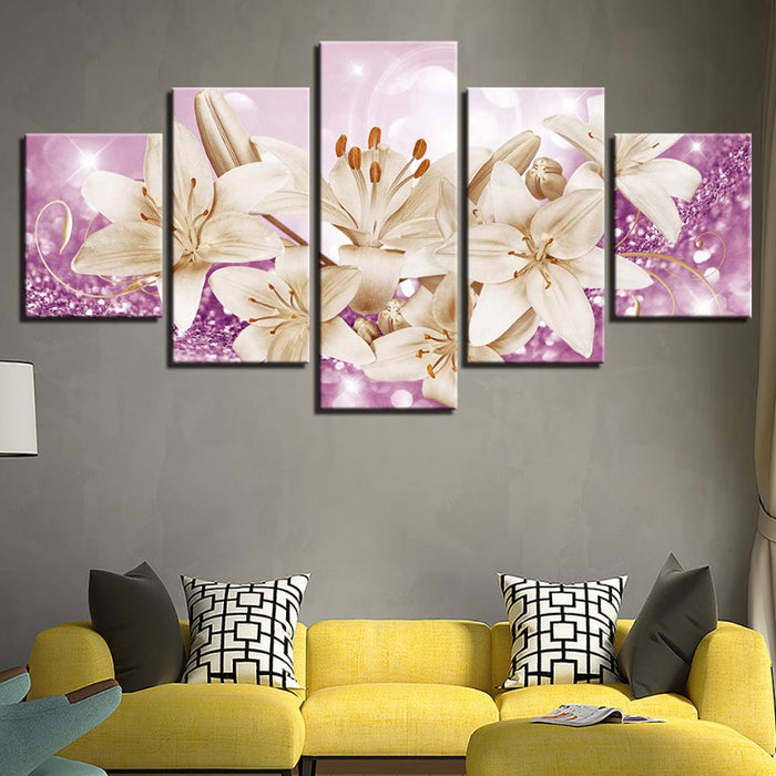 5 Piece Purple Background Rustic Flower - Canvas Wall Art Painting