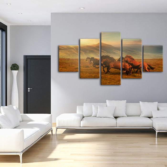 5 Piece Running Horses With Beautiful Landscape - Canvas Wall Art Painting