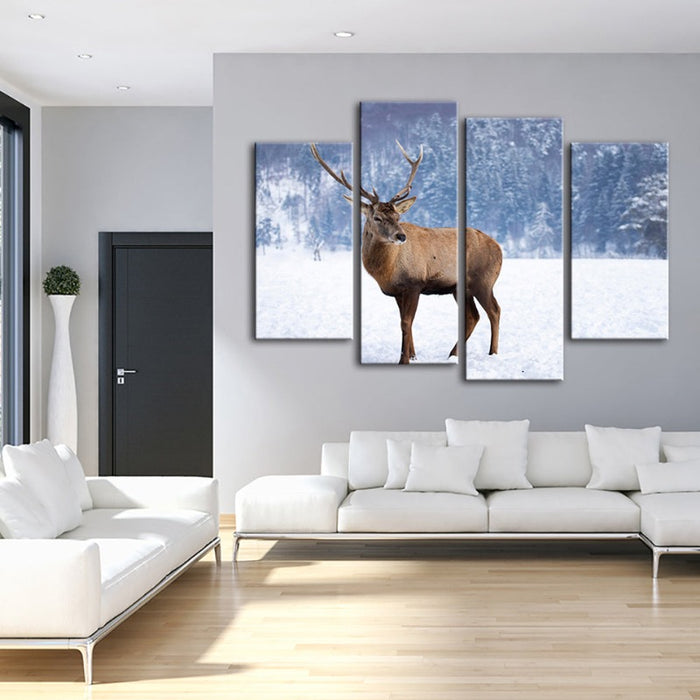 4 Piece Snowy Landscape Deer - Canvas Wall Art Painting