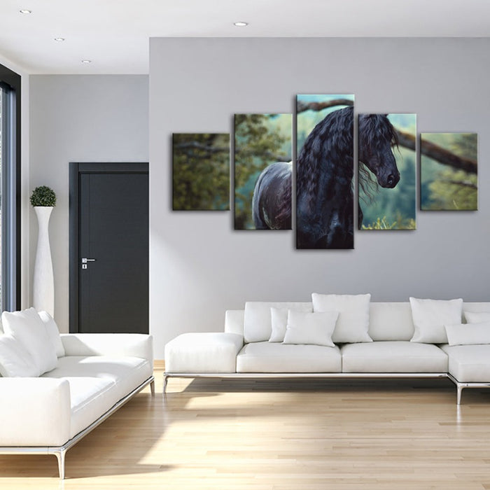 5 Piece Black Horse in Forest - Canvas Wall Art Painting