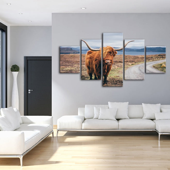 5 Piece Beautiful Brown Cow - Canvas Wall Art Painting
