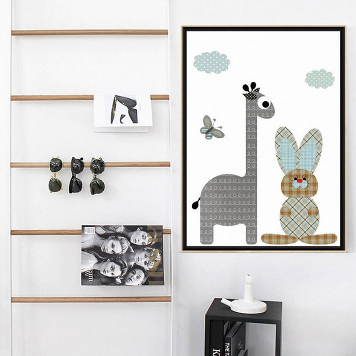 Cartoon Giraffe Rabbit Elephant Animals - Canvas Wall Art Painting