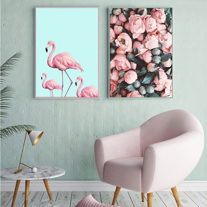 Nordic Warm Pink Flamingo - Canvas Wall Art Painting