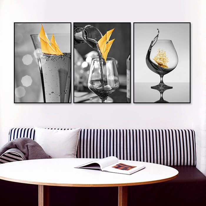 Black Wine Glass With Boat Wall Art - Canvas Wall Art Painting