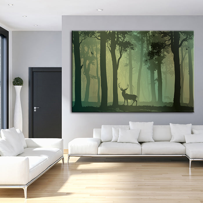 Enchanted Green Toned Silhouetted Deer - Canvas Wall Art Painting