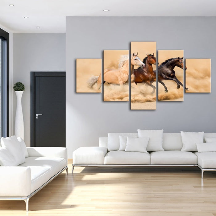 5 Piece Three Running Horses in Desert - Canvas Wall Art Painting