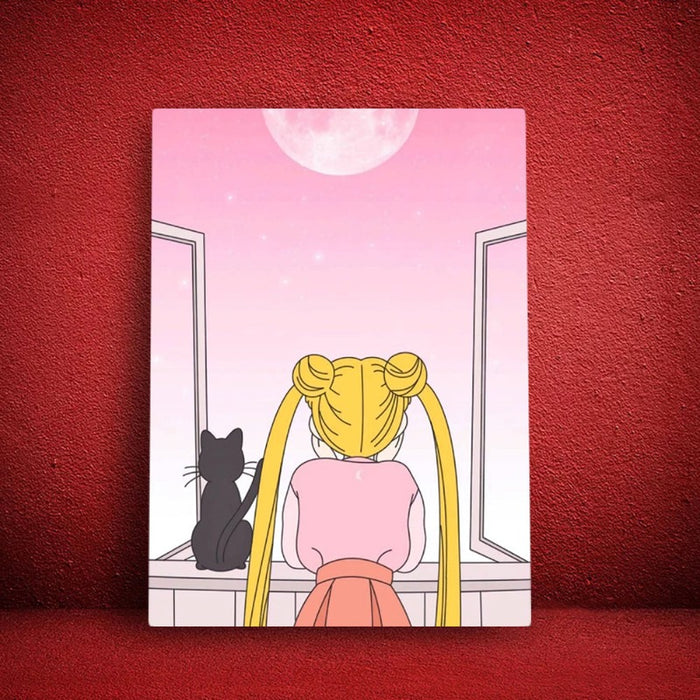 Girl And Her Moon Cat - Canvas Wall Art Painting