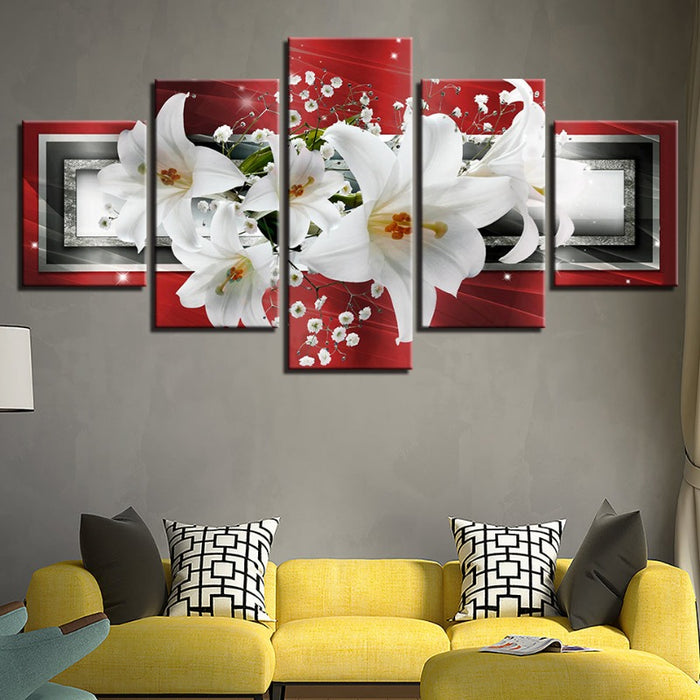 5 Piece Red Background White Tulip Flower - Canvas Wall Art Painting
