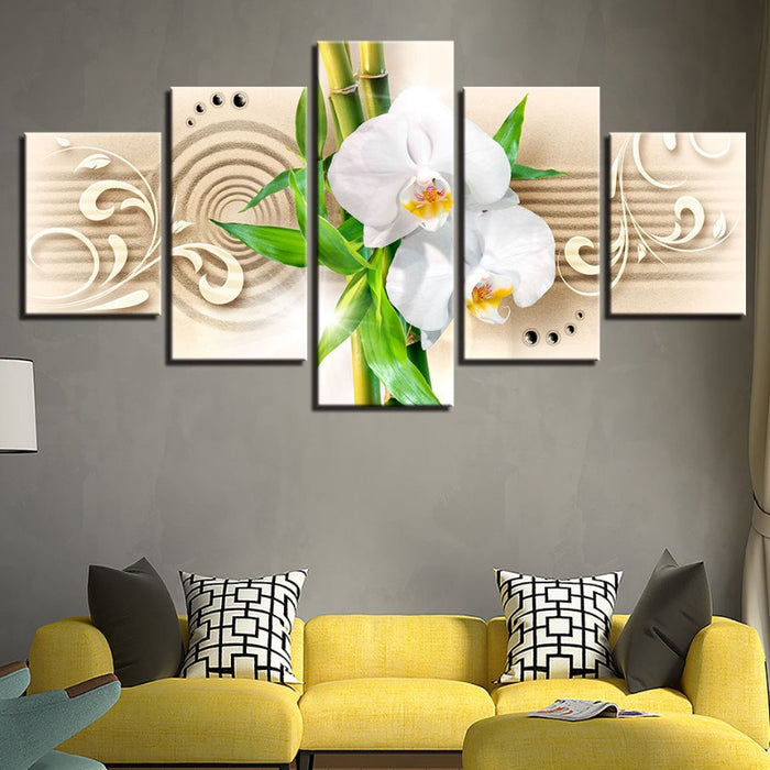 5 Piece Bamboo Stick White Flower - Canvas Wall Art Painting