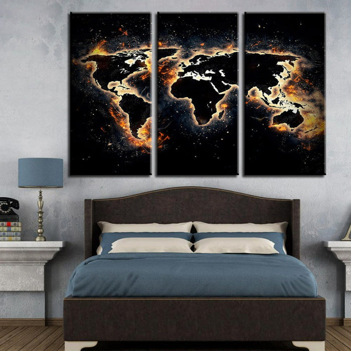 Fire and Black World Map-Canvas Wall Art Painting 3 Pieces