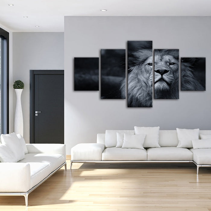 5 Piece Grayscale Concerned Lion - Canvas Wall Art Painting