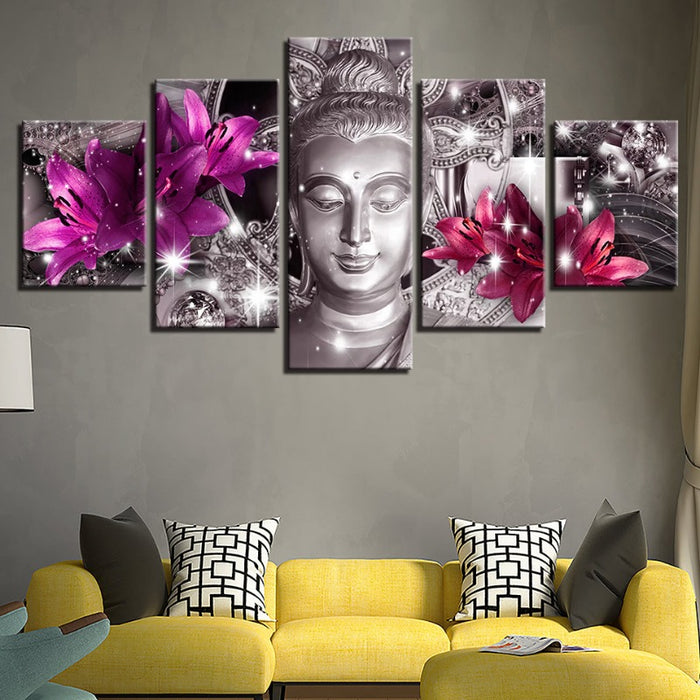 5 Piece Buddha With Purple & Pink Tulip Flower - Canvas Wall Art Painting