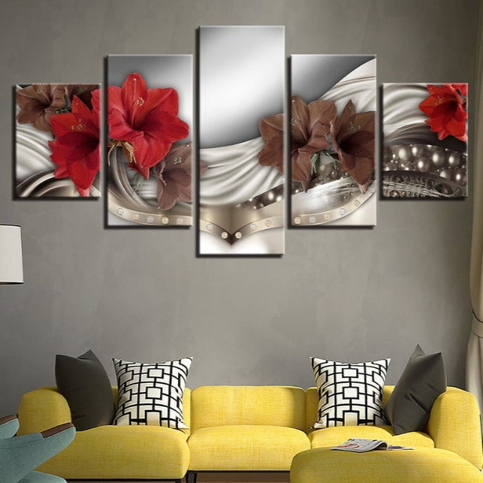 5 Piece Brown & Red Hibiscus Flower - Canvas Wall Art Painting