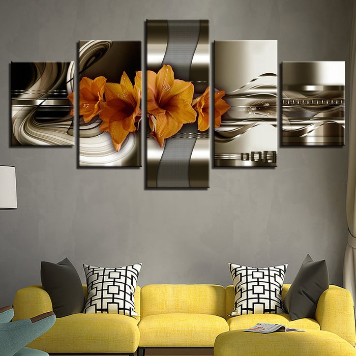 5 Piece Brown Undertone Yellow Flower - Canvas Wall Art Painting