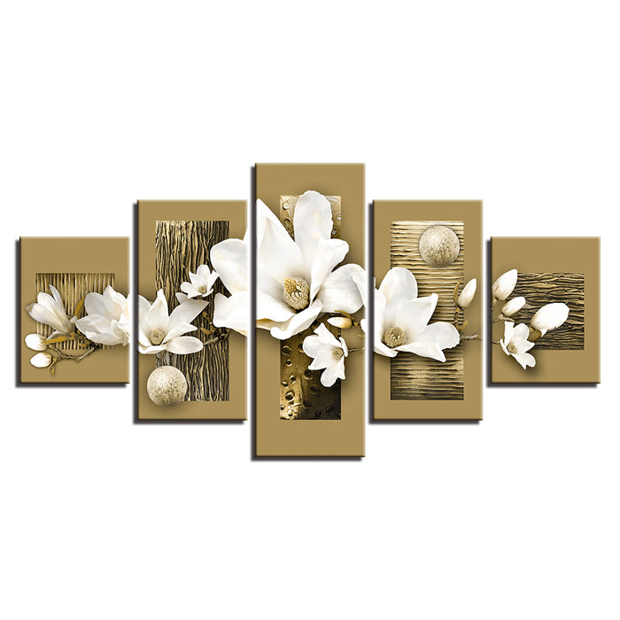 Golden Accents And White Magnolias 5 Piece - Canvas Wall Art Painting