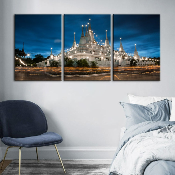 Beautiful Temple Night Time-Canvas Wall Art Painting 3 Pieces