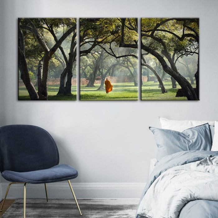 Peaceful Monk Walking-Canvas Wall Art Painting 3 Pieces