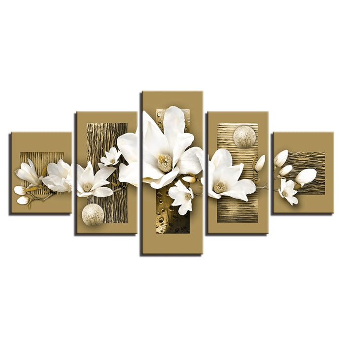 5 Piece Wooden Background White Flower - Canvas Wall Art Painting