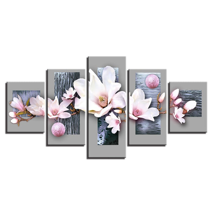5 Piece Blue Wooden Background Pink Hue Flower - Canvas Wall Art Painting