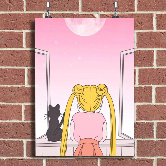 Girl And Her Moon Cat - Canvas Wall Art Painting