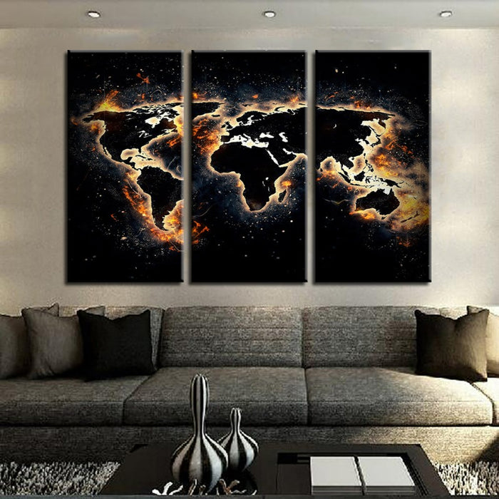 Fire and Black World Map-Canvas Wall Art Painting 3 Pieces