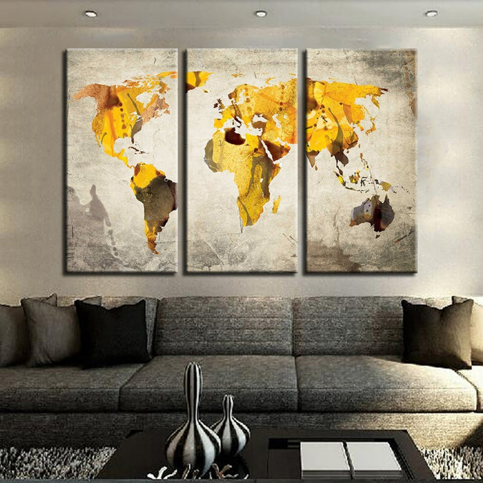 Yellow Classic World Map-Canvas Wall Art Painting 3 Pieces