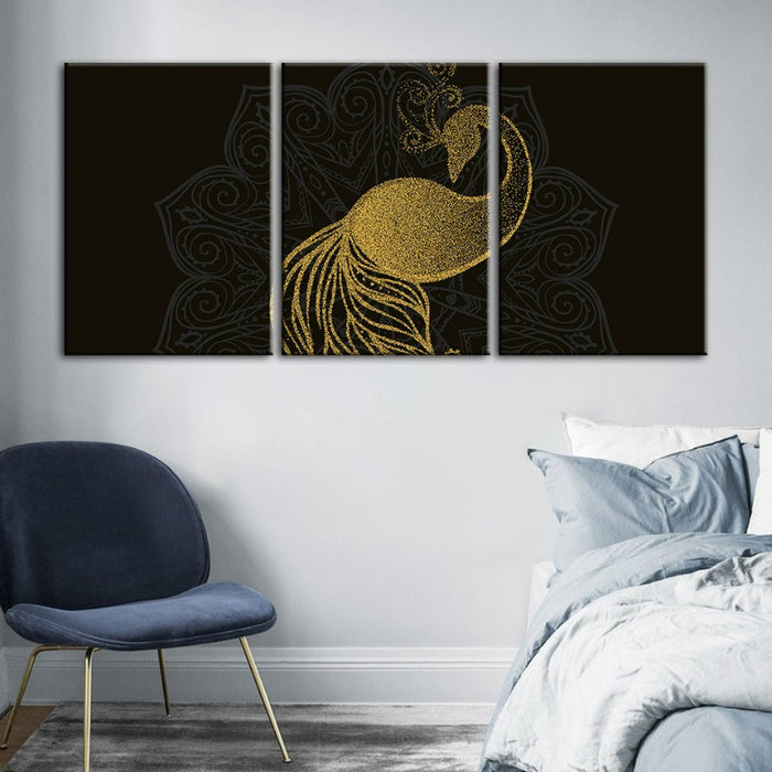 Abstract Golden Mandala Peacock - Canvas Wall Art Painting 3 Pieces